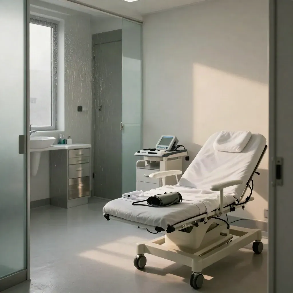 Consulta médica vacía y elegante con camilla, tensiómetro y luz de mañana en Geny Salud.