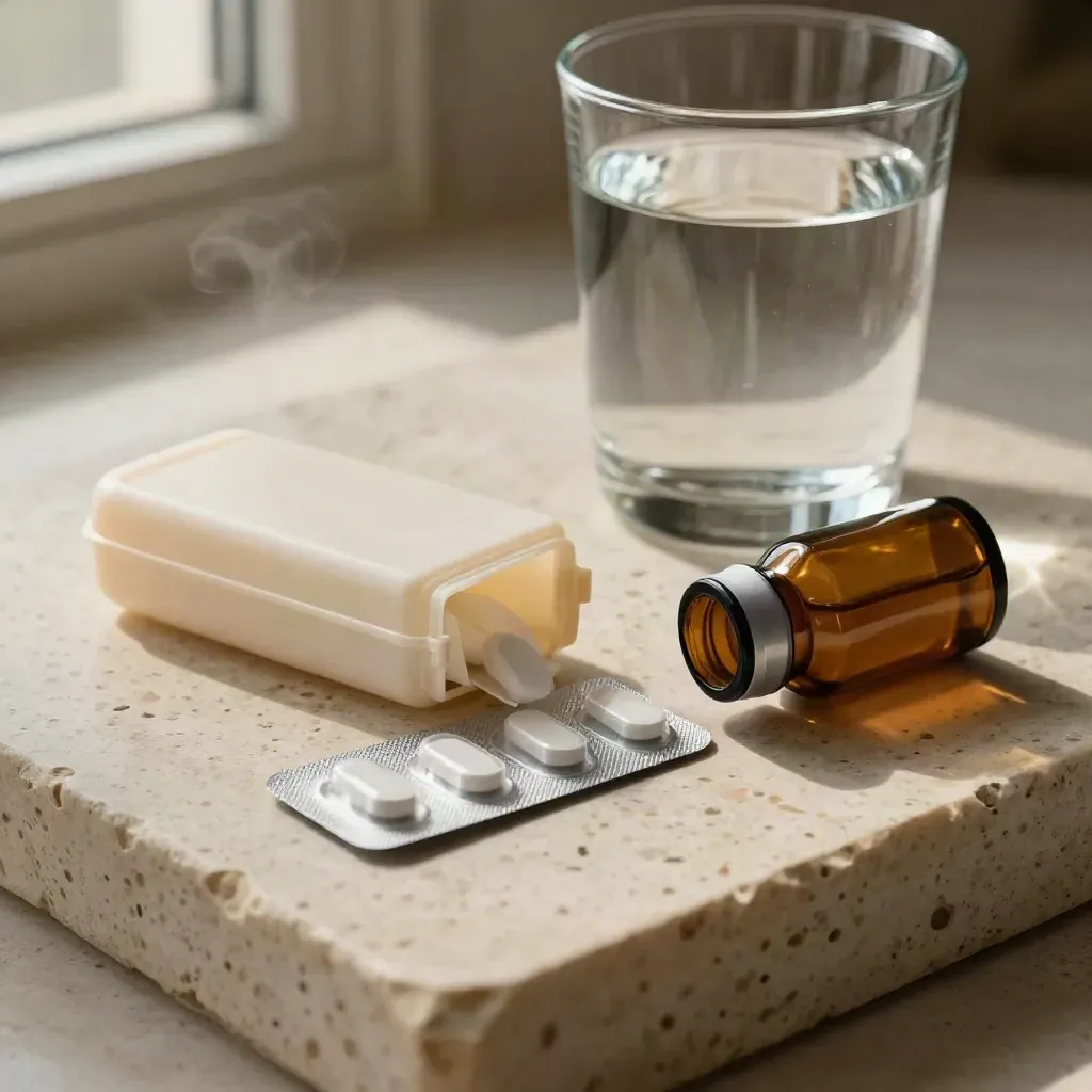Organizador de pastillas, vaso de agua y frasco ámbar sobre piedra travertino