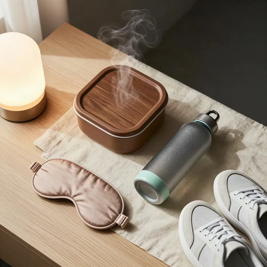 Kit de bienestar familiar con fiambrera, botella, antifaz, lámpara y zapatillas sobre lino.