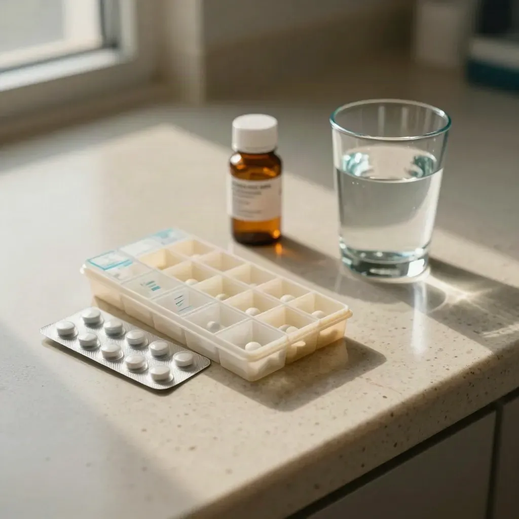 Pastillero cerrado, blísters y vaso de agua en una encimera clínica, con luz cálida y ambiente sereno.