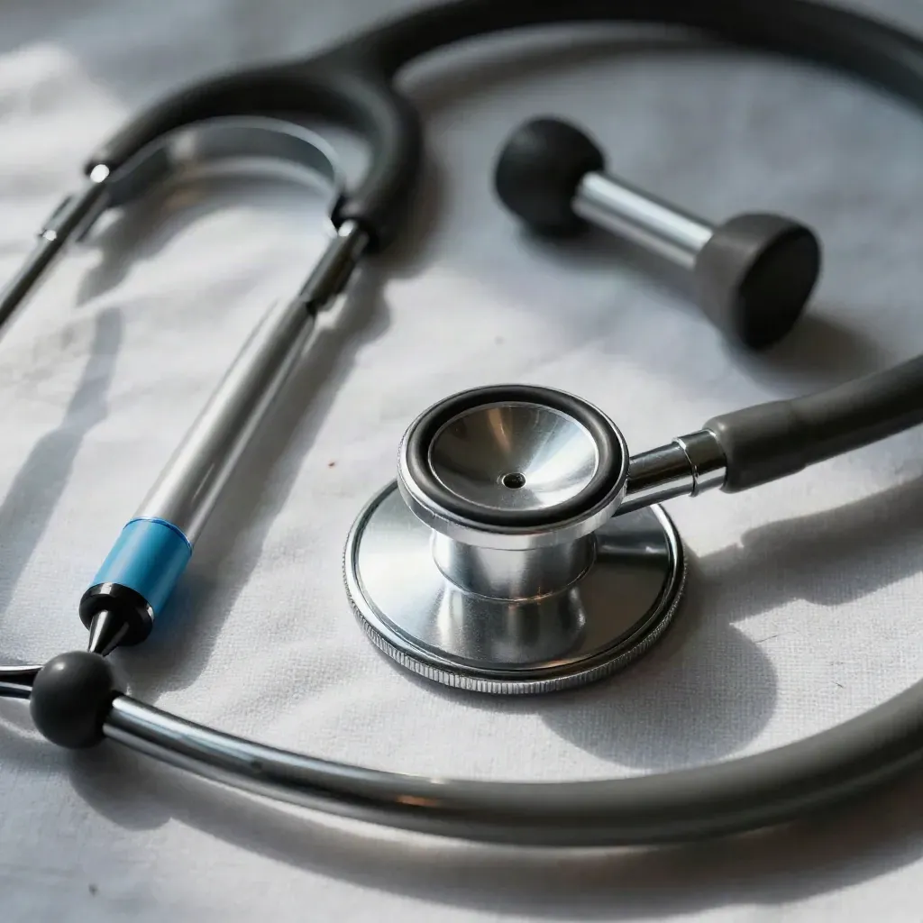 Útiles médicos en macro sobre lino blanco: estetoscopio, martillo de reflejos, linterna y otoscopio.
