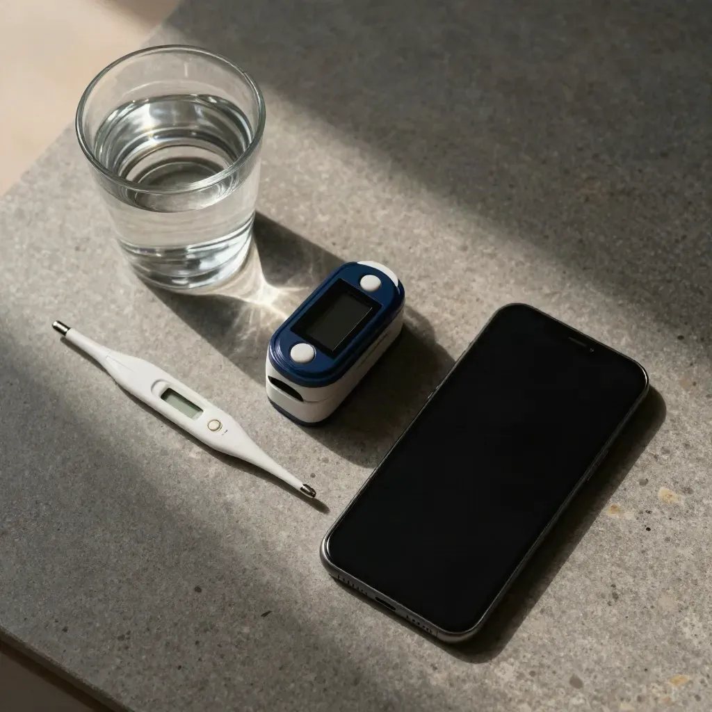 Smartphone, termómetro, pulsioxímetro y vaso de agua sobre piedra mate.