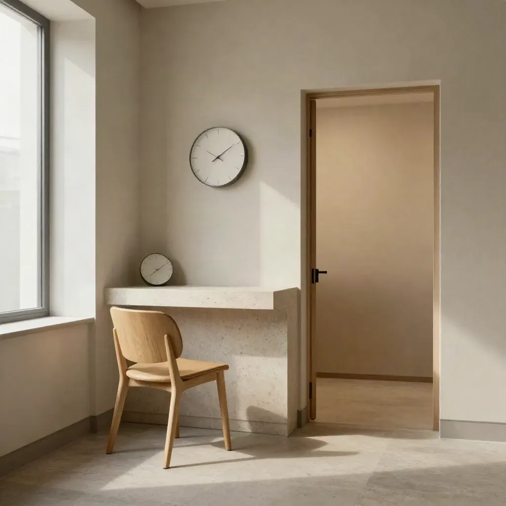 Silla vacía y reloj junto a un mostrador, con puerta abierta iluminada en una recepción clínica.