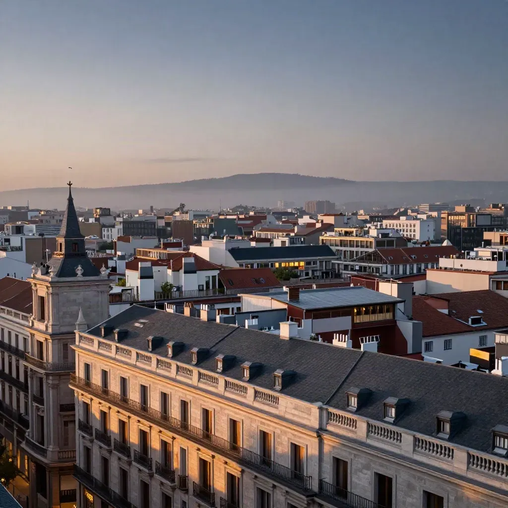Madrid al atardecer con azoteas de Gran Vía y horizonte difuminado por la niebla.