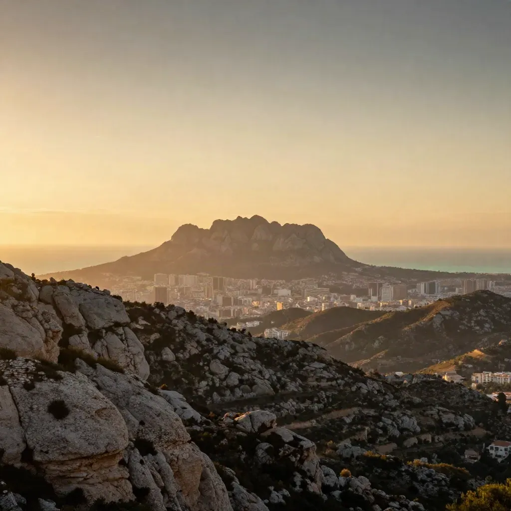 Vista dorada de Barcelona y Montserrat desde una cresta costera, con niebla marina y espacio para texto.