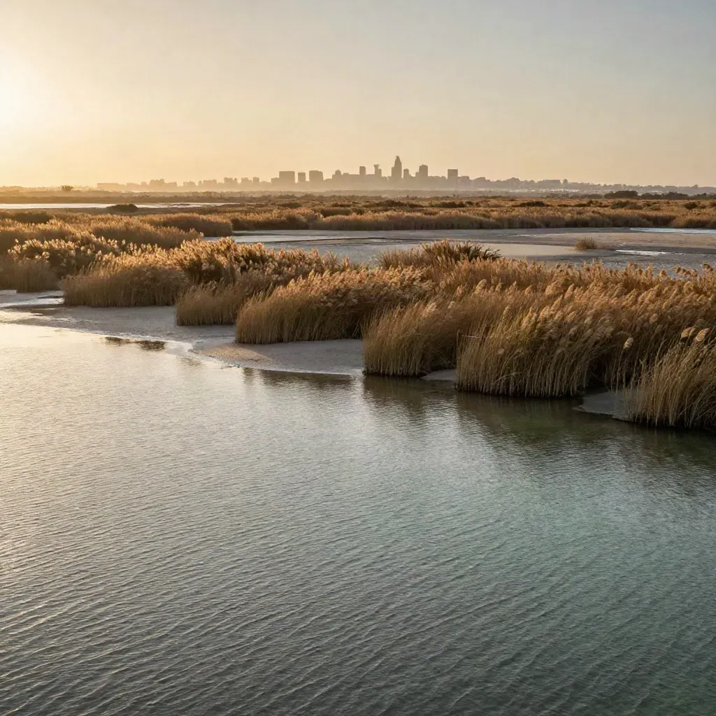 Humedales de la Albufera con Valencia difuminada al fondo y luz cálida baja.