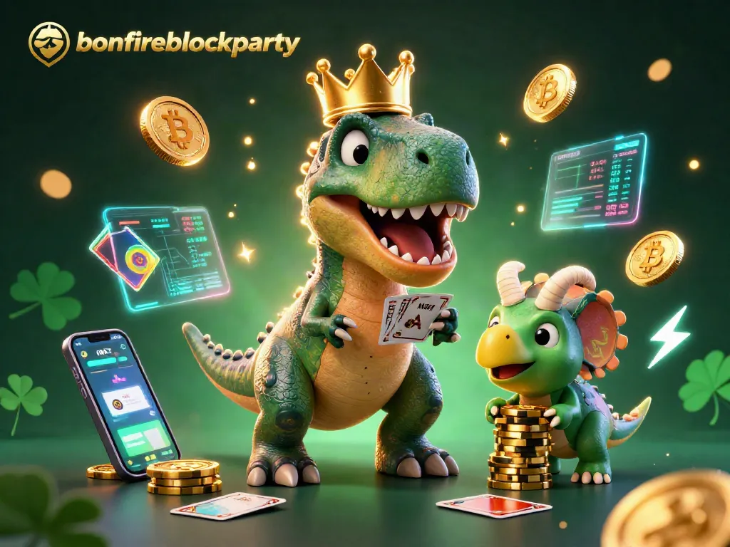 Engaging bonfireblockparty scene featuring a T-Rex shuffling cards with a pterodactyl assistant, showcasing casino elements.