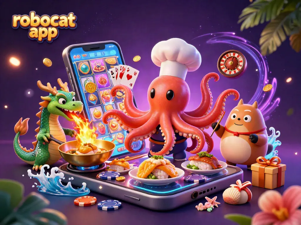 Experience thrilling moments with the robocat app as the sushi chef octopus spins colorful slots.