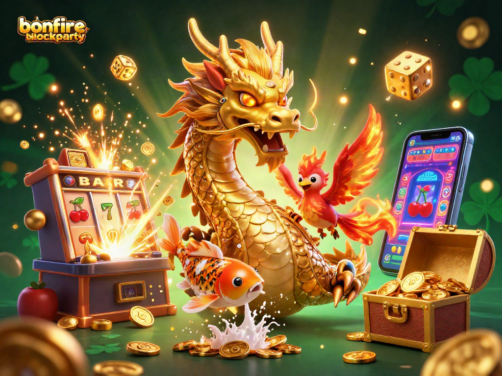 Engage in exciting gaming action at bonfireblockparty with a vibrant 3D casino scene featuring lucky symbols.